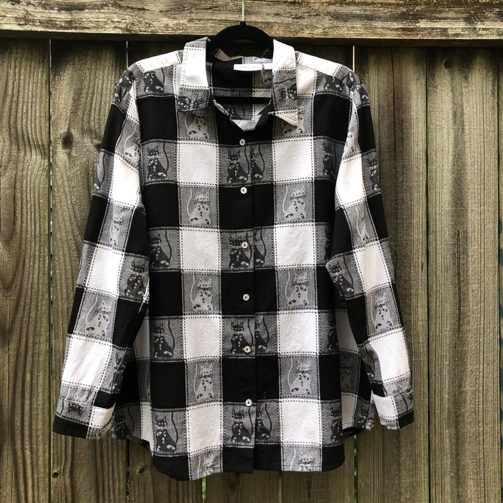Country Store Cat Plaid Button Down Shirt Patchwork Black White Size L Stitched